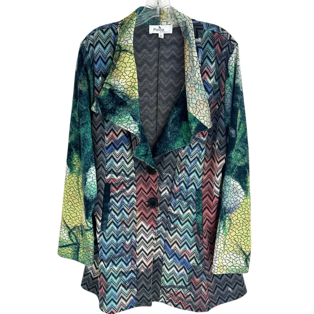 Pallia San Francisco Green Blue Vibrant Chevron Print Tie Dye Jacket Size Large